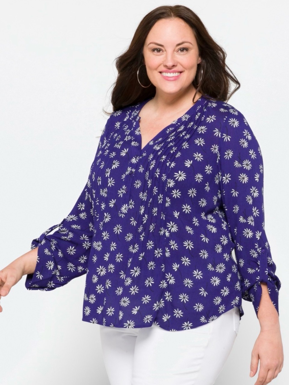 Market & Spruce Navy Blue Daisy-Print Button Front Blouse